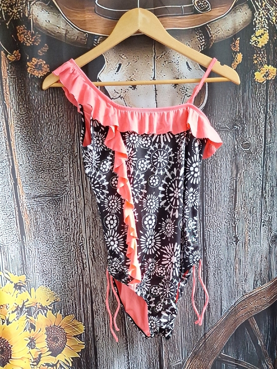 Other - Black & Coral Floral Ruffle One‑Piece Swimsuit